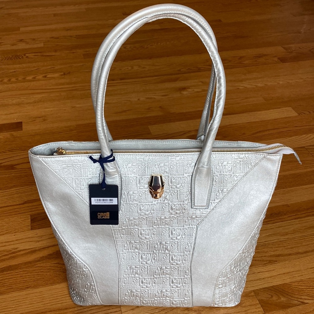 Cavalli Class tote in a matte silver color. NWT, never used, pristine condition.